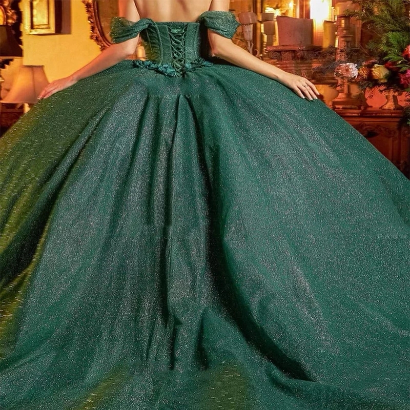 Emerald Green Shiny Off Shoulder Ball Gown Quinceanera Dresses Sweet 16 Dress Princess Appliqued Lace Beads Party Vestido De 15 Anos