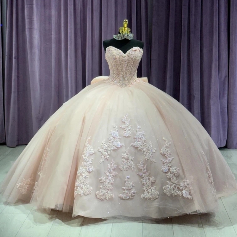 Light Champagne Shiny Quinceanera Dresses Off Shoulder Ball Gown Sweet 16 Dress Beading Appliques Lace Tull Birthday Party Vestidos De 15 Anos