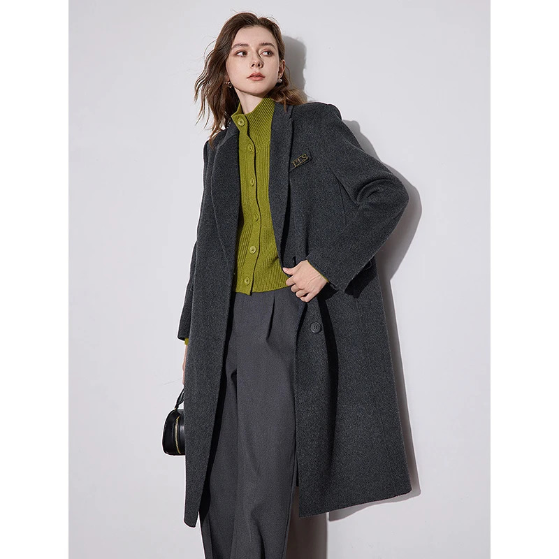 TOYOUTH Women Coat 2024 Autumn Winter 100 Wool Lapel Collar Double Sided Woolen Gray 240930
