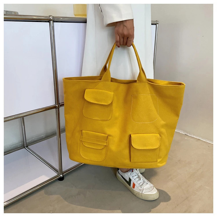 Korean womens canvas handbag INS pocket yellow shoulder shopping bag soft cotton womens handbag 241008