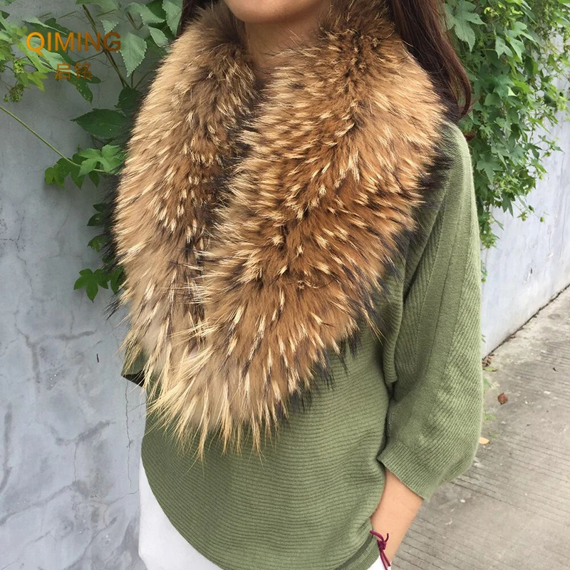 Real Fur Collar Furry Raccoon Fur Scarf Ring Winter Neck Warmer Women Men Jackets Hood Fur Shawl Wraps Fluffy Warm Long Scarf 241009
