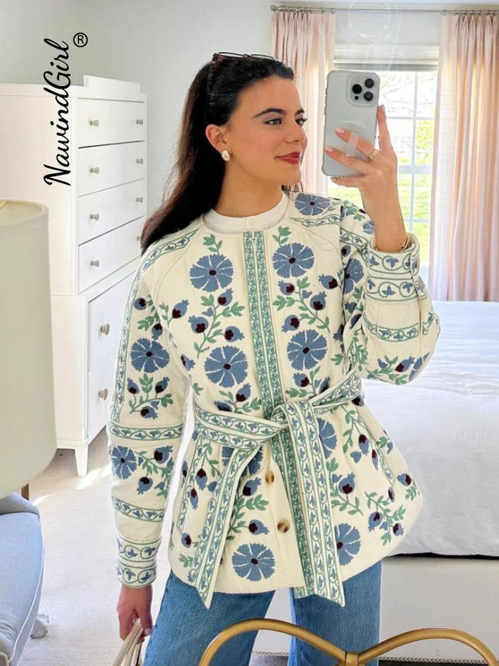 Elegant printed quilted jacket for women ultra-thin O-neck button lantern sleeves with border and coat for women autumn winter womens clothing 240927