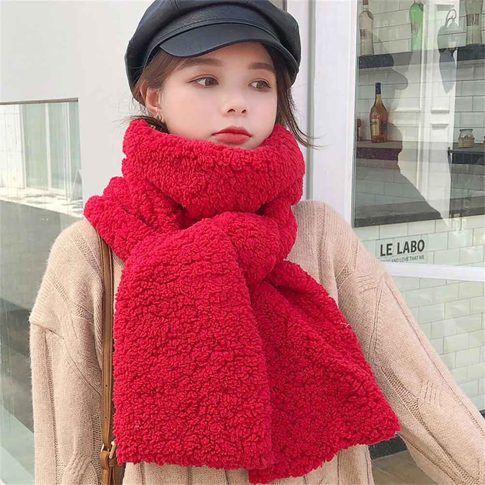 Christmas Red Scarf Korean Plush Cashmere Scarf Womens Winter Warm Neck Scarf Girl Cute Solid Fashion Bufanda Invierno MUJI 241007