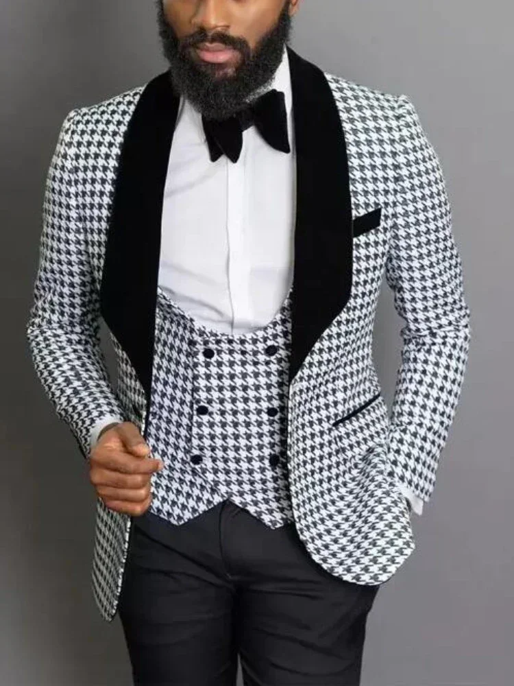 Slim Fit Plaid Suits For Men African Style Wedding Tuxedo 3 Pcs Shawl Lapel Groom Check Prom Blazer (Jacket + Pants + Vest) 2024