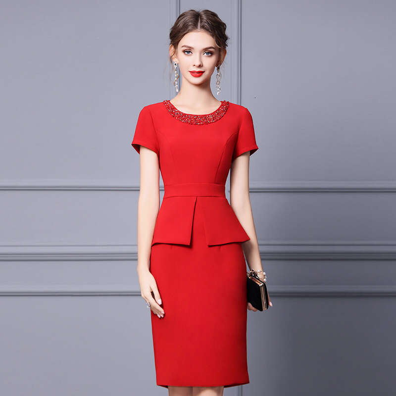 high-end summer dress with a light mature style nail drill waist cinching and slimming red dress 2024 new style