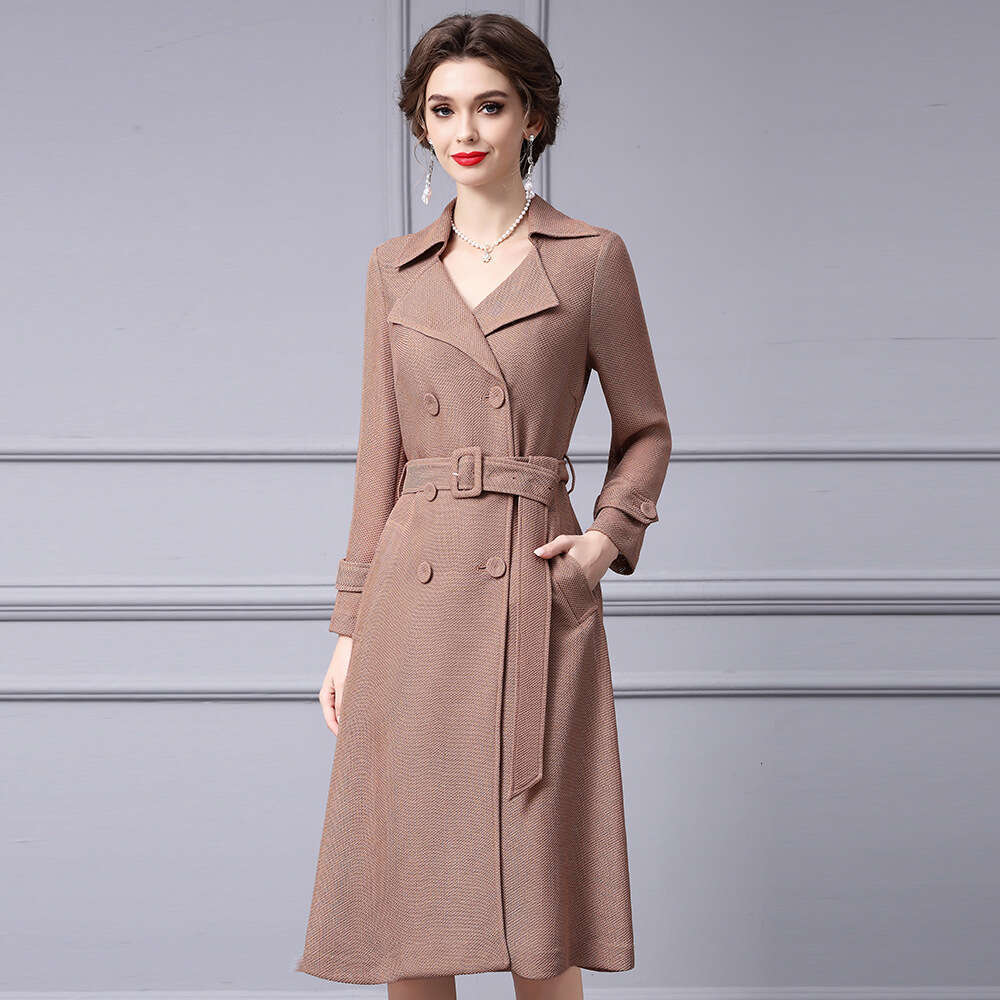Autumn 2024 New Womens Wear High Quality Suit Collar Double breasted Waist Look Slim Windbreaker Coat Medium Long