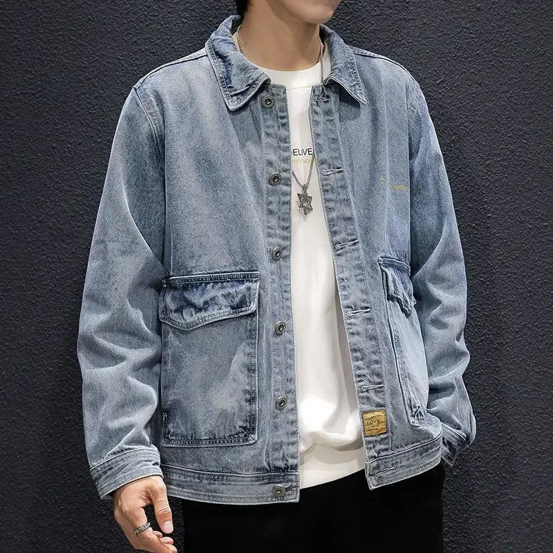 Male Jean Coats Winter Oversize Mens Denim Jacket Gray Wide Shoulders With Embroidery G ed Big Size Fashion Elegant Classy 241011