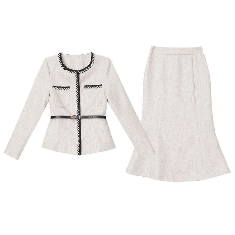 Smart and luxurious high-end autumn 2024 new slim fit round neck jacket over knee fish tail skirt two-piece set