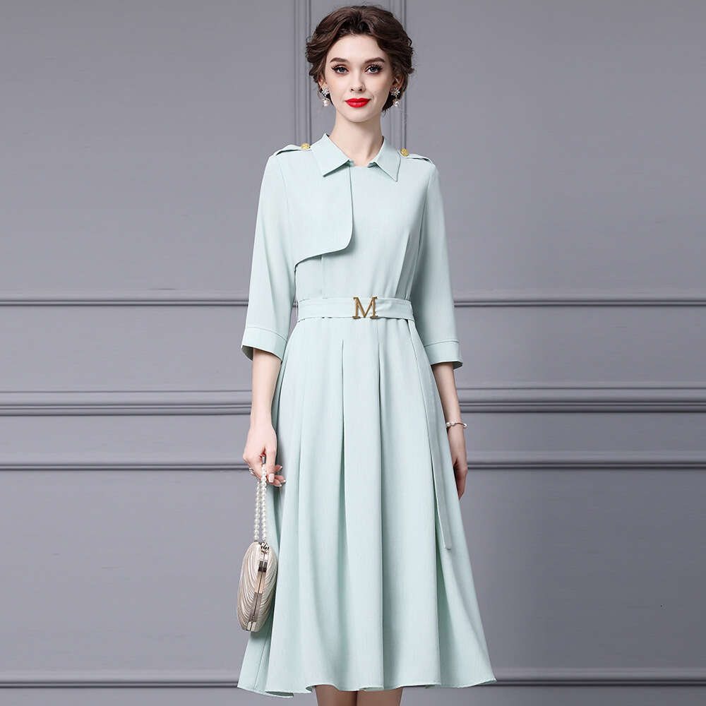 French high-end shirt collar dress with three quarter sleeves and waist belt pear shaped figure big swing skirt autumn new style