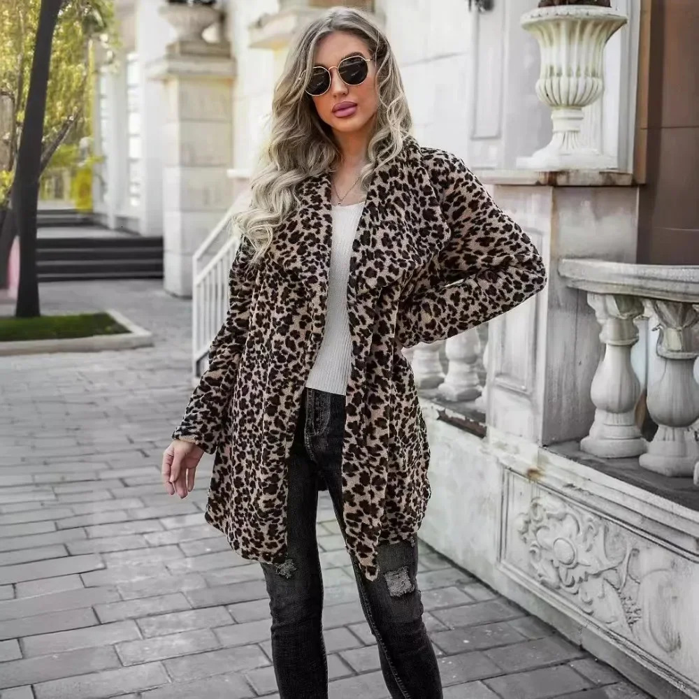 Leopard Print wool coat medium length jacket comfortable streetwear womens fashionable casual long sleeved autumn and winter 241007