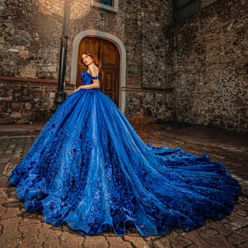 Royal Blue Sweetheart Quinceanera Dresses Ball Gown Off The Shoulder Beaded Lace Appliques Tull Vestidos De 15 Anos Sweet 16 Dress