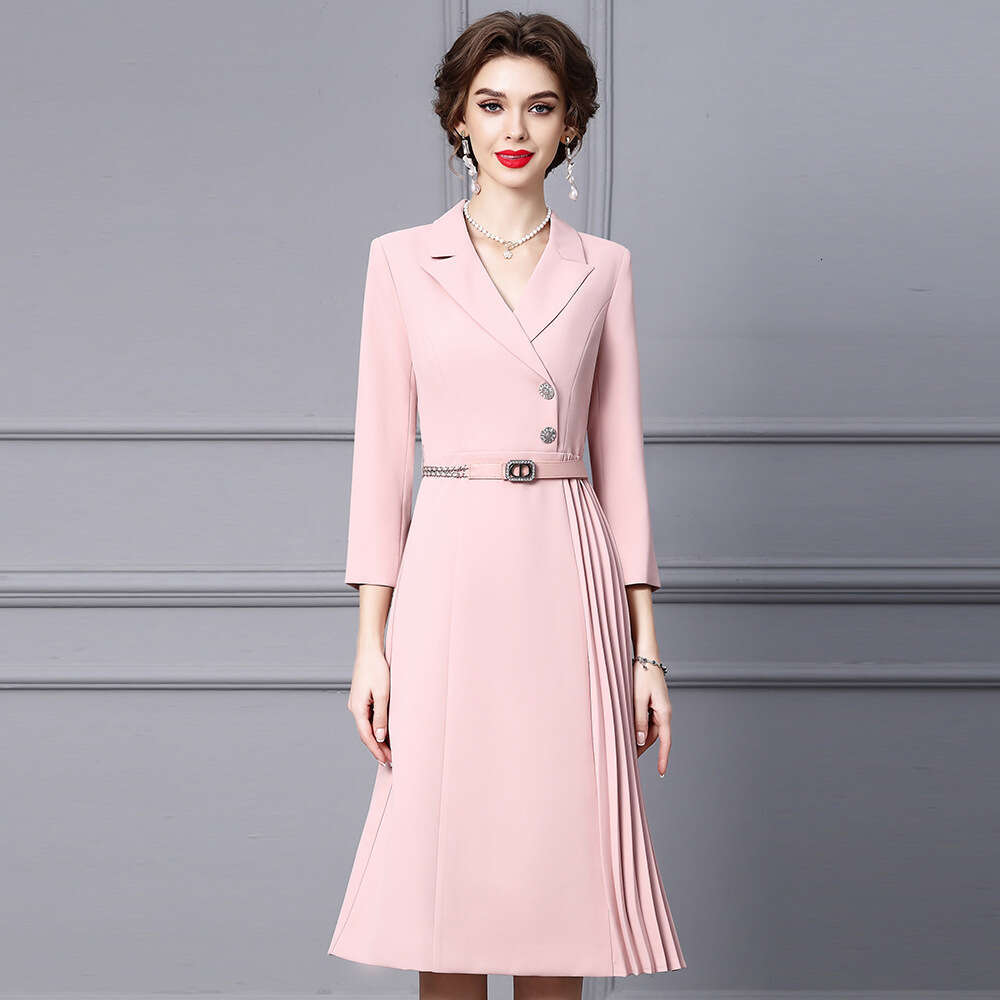 OL commuting temperament unique pleated A-line skirt belt suit collar dress autumn new womens clothing 2024