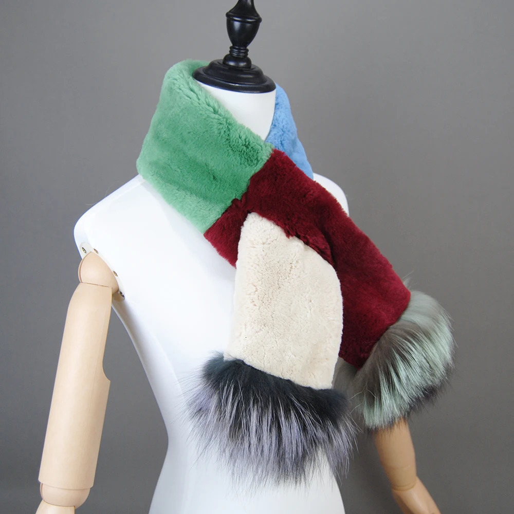2024 Winter Women Genuine Knitted Fox Fur Scarf Real Rex Rabbit Fur Collar Warm Neck Natural colorful Rex Rabbit Fur Scarves 241009