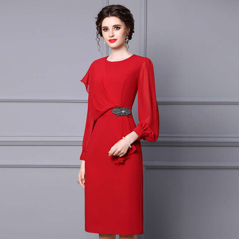 2024 new autumn dress with goddess like temperament a sense of luxury. Red nail bead wrapped hip and waist cinching skirt
