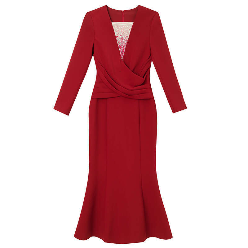 long sleeved dress for women 2024 new high-end party nail bead wine red slim fit mid length fishtail skirt