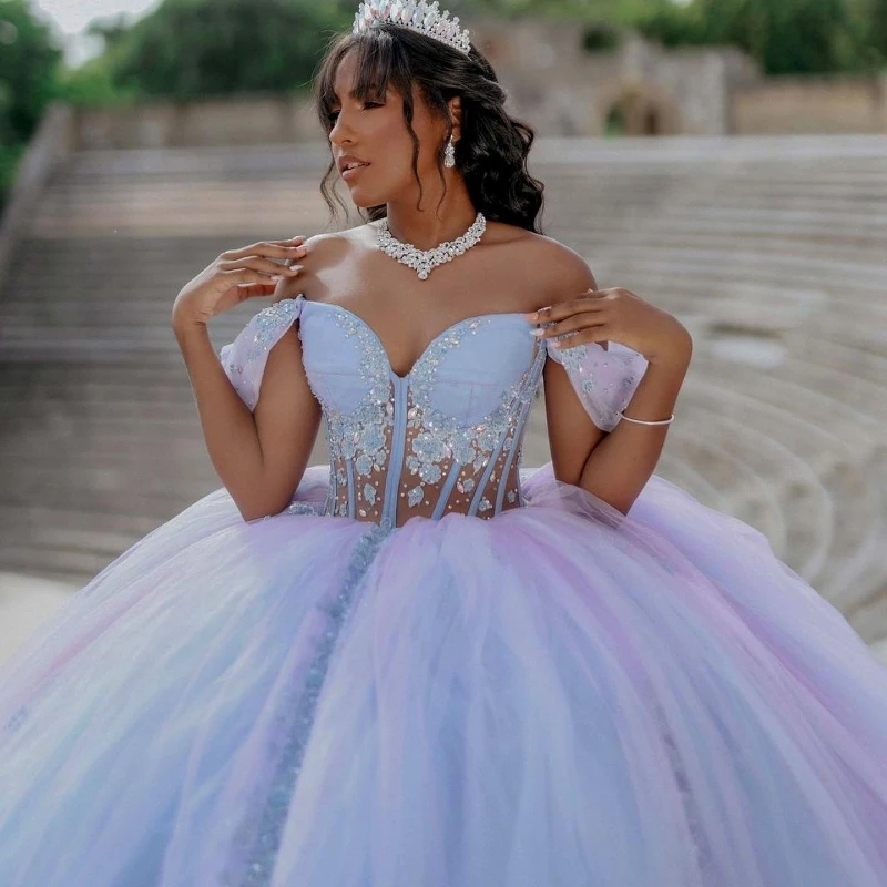 Sky Blue Lilac Shiny Quinceanera Dresses Lace Applique Tull Lace-Up Sweet 16 Off the Shoulder Ball Gown Vestido De 15 Anos