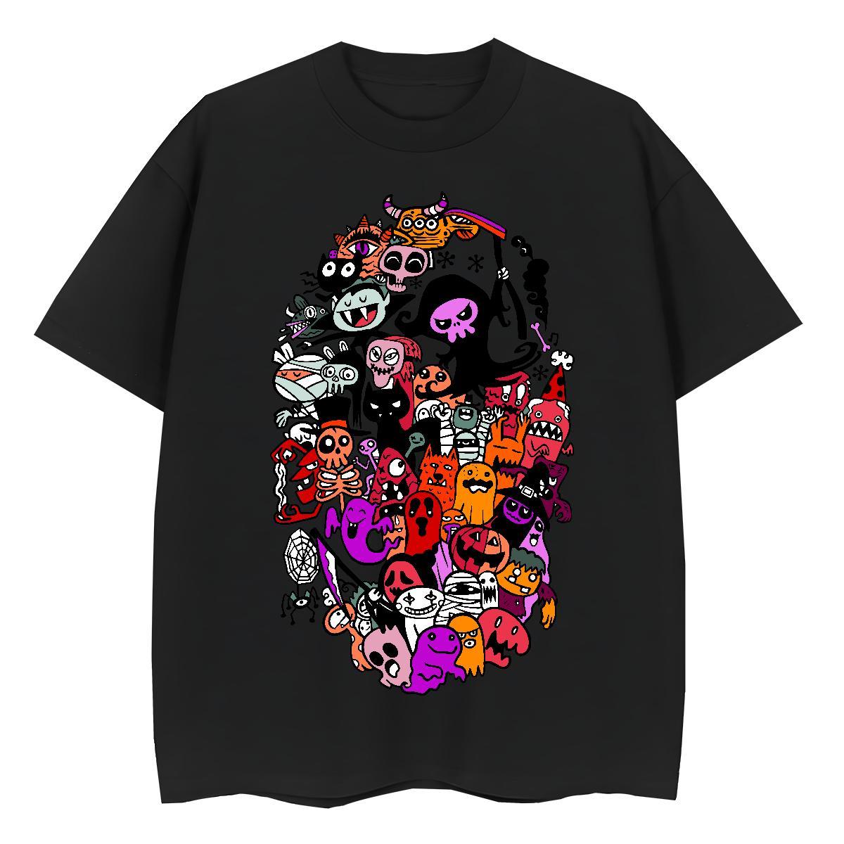 Fashion Casual T-Shirts 230g Pure Cotton Short Sleeve O-Neck Street Casual skull Tshirt for Man Woman Loose Cartoon Print Tops Tees