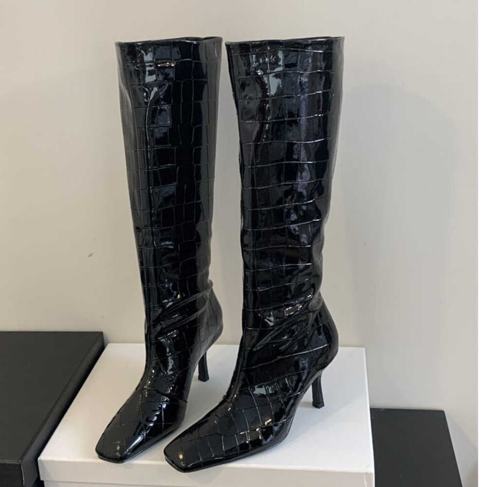 Crocodile Patterned Fashion Boots Square Toe High-heeled Long Martin Boots For Women Autumn Winter Knee Knight Boots Slim Heels Boots 240826
