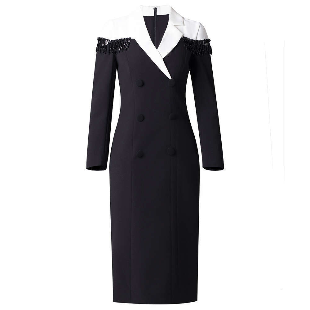 high-end suit collar nail bead tassel wrapped hip skirt 2024 spring new item light luxury temperament texture long sleeved dress