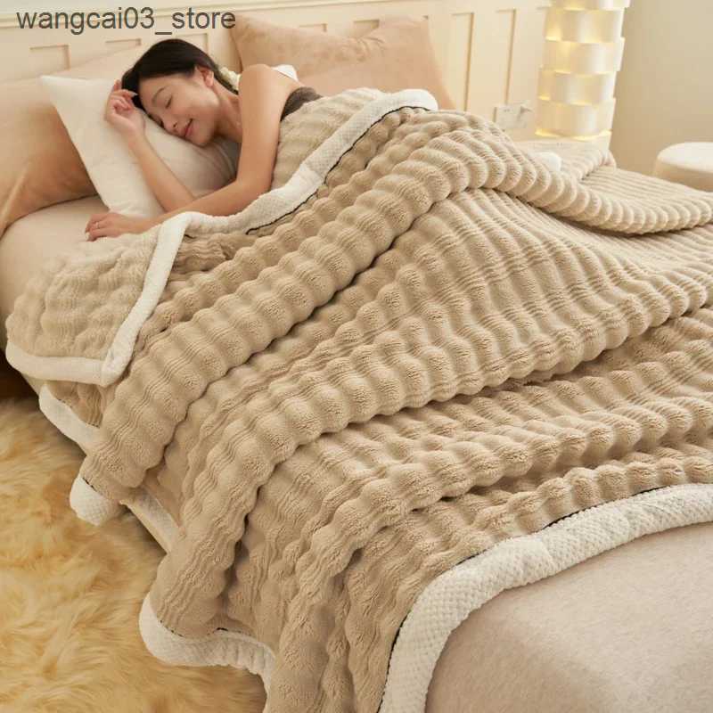Blankets Swaddling Imitation Rabbit Plush Autumn Winter Warm Bed Blanket Striped Fluffy Warmth Sofa Blankets Soft Absorbent Breathable Nap Blanket L24
