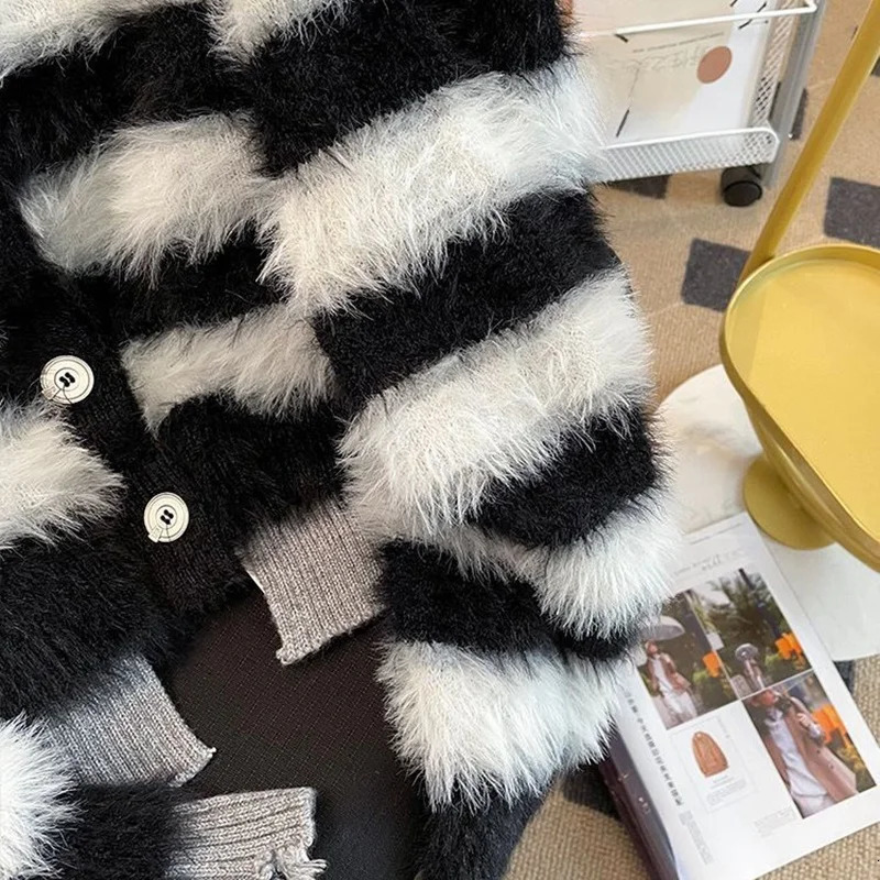 Sweater Cardigans Mink Wool Striped Woman Top Autumn Winter Knitted Korean Oversize Long Sleeve Elegance Sweet OL Casual 241007