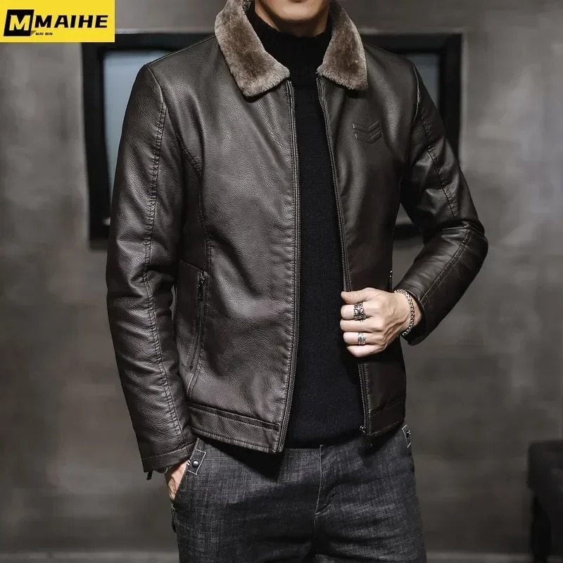 Retro brown leather jacket mens winter faux fur collar windproof warm jacket mens clothing chaqueta cuero hombre 240930