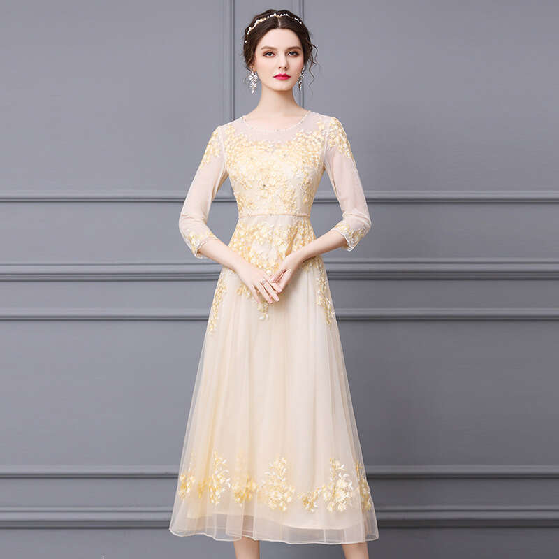 haute couture with waist cinching for slimming 2024 autumn new style handmade beaded mesh long party dress