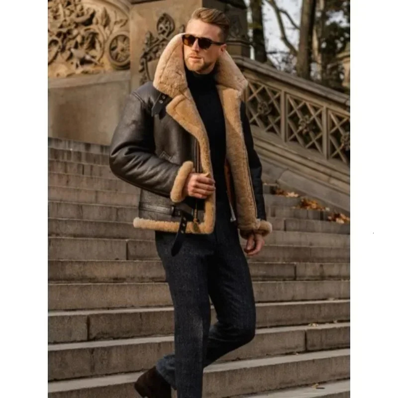 fur integrated mens jacket thickened winter fashion and casual synthetic leather wool mens jacket clothing 240930