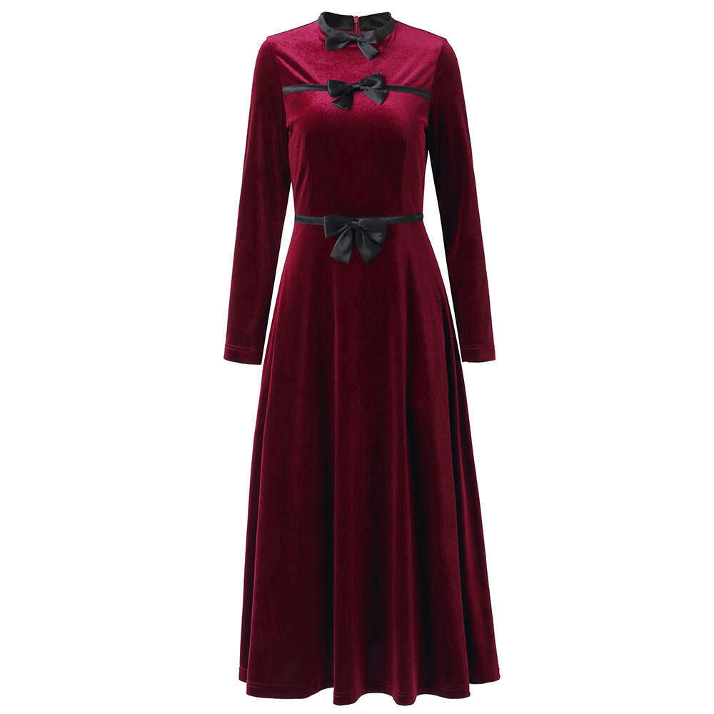 Black French Velvet Dress Autumn 2024 New Bow Contrast Bottom Skirt Medium Long