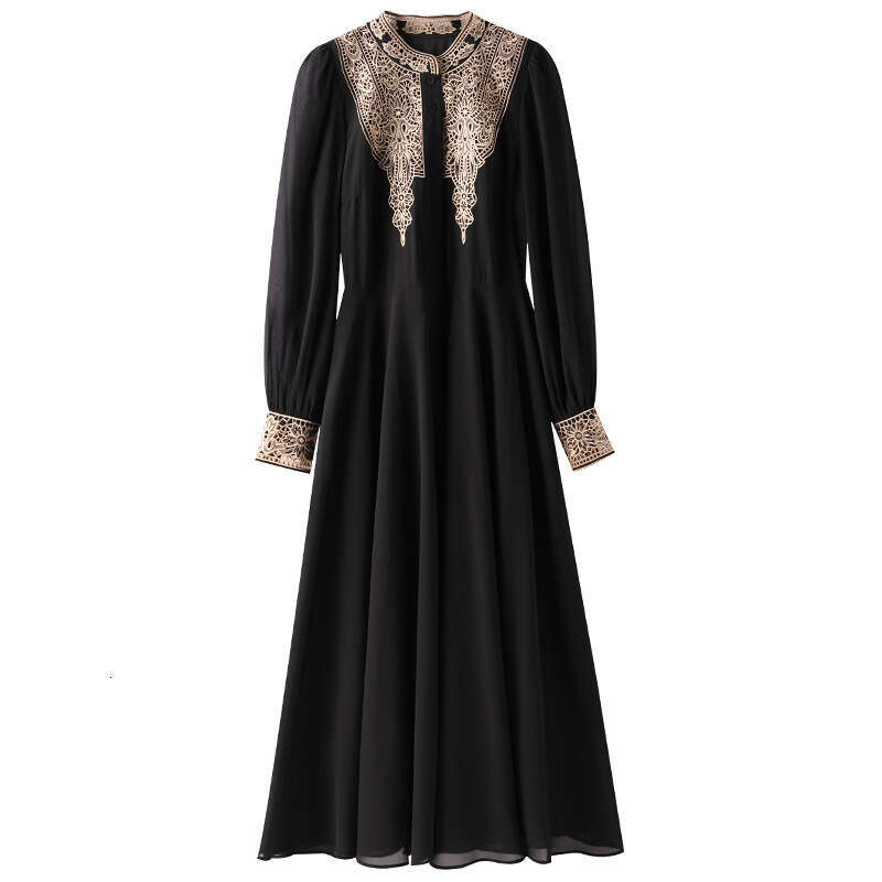 2024 Autumn New Dress Pear shaped Body Stand up Collar Embroidered to Cover the Stomach and Look Thin Long Sleeve Medium length Skirt