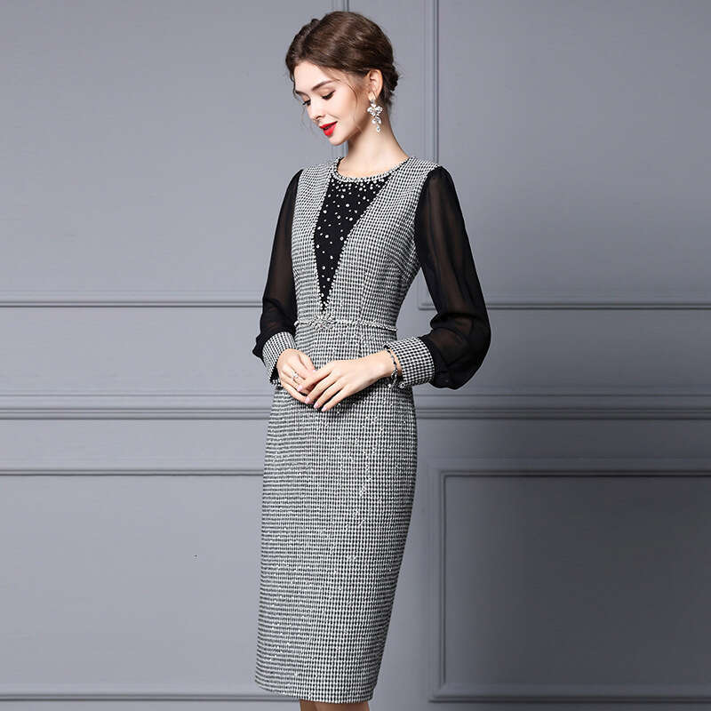 Woolen Dress Autumn New Collection 2024 Splicing Lady Style Formal Occasion Skirt High Waist