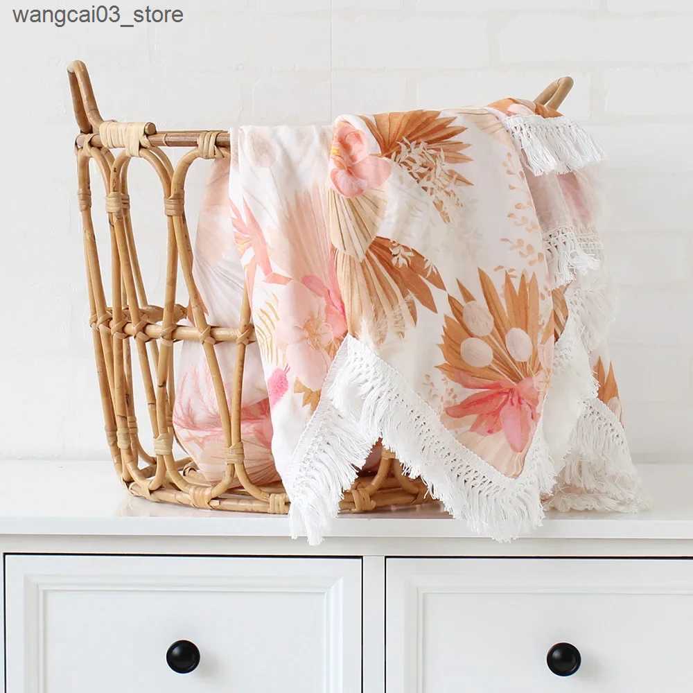 Blankets Swaddling Crinkle Muslin Baby Swaddle Blanket Print Cotton Fringe Swaddle Bath Towel Baby Wrap with Tassel Trim L240910