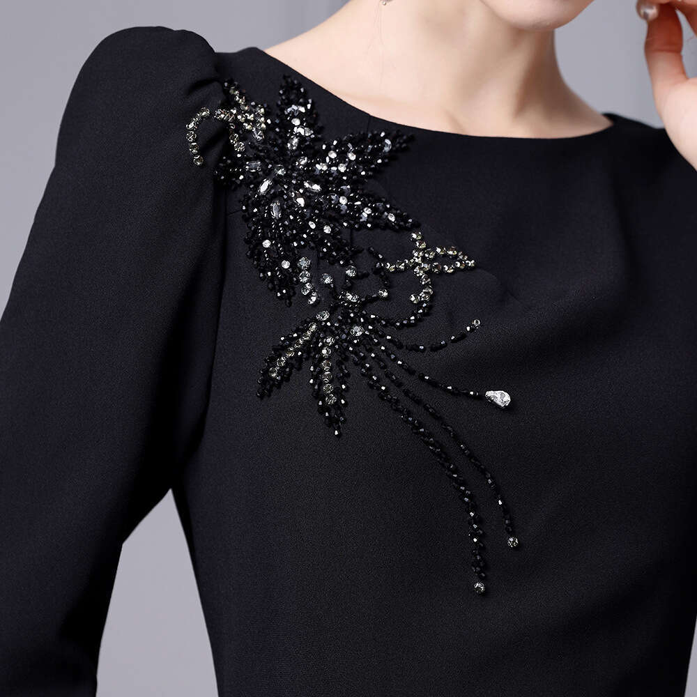 high-end light luxury temperament heavy industry nail bead lotus leaf edge splicing bubble sleeve wrapped hip skirt dress 2024 autumn style