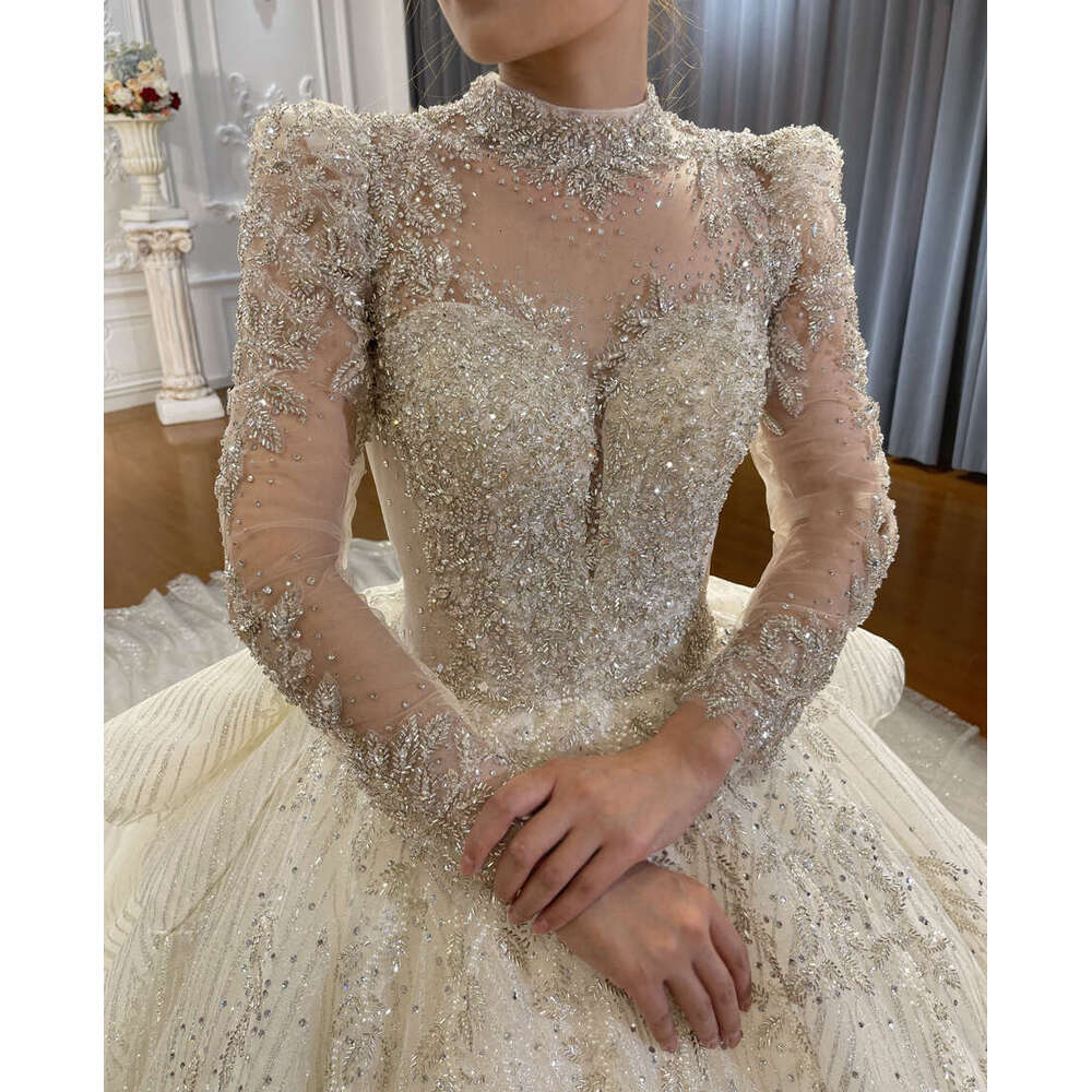 Long Sleeves Lace Bridal Dress Glitter Fabric