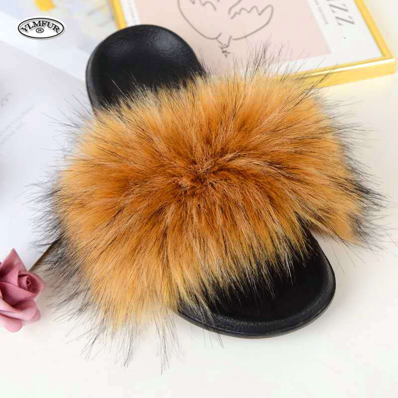 Women's Summer Faux Fox Fur Slippers Fashion Indoor and Outdoor Non-Slip Solid Color Flat Bottom Furry Sandals free shipping shoes
