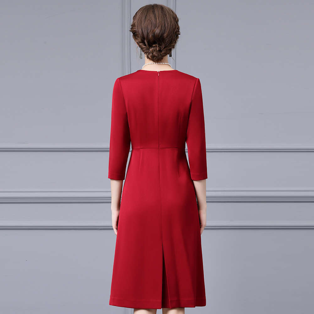 autumn clothing 2024 new item seven quarter sleeve high waist slimming noble womens pleated A-line square neck dress