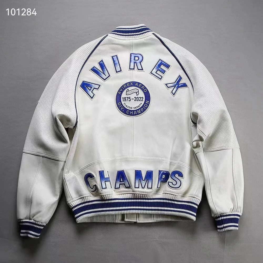 White baseball outfit leather jacket thickened French sheepskin spring and autumn mens American size top 241011