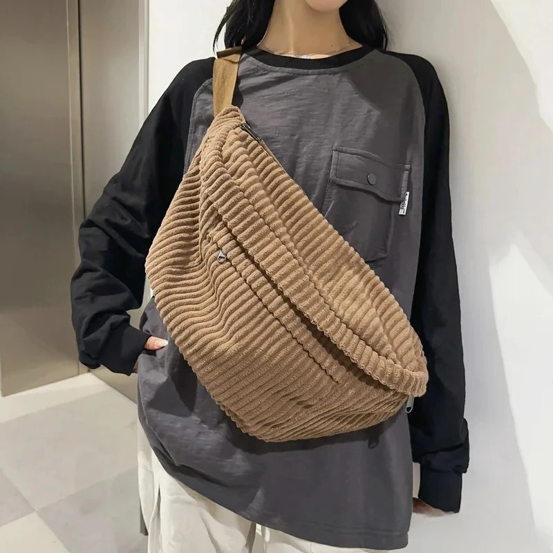Large capacity waist bag womens shoulder cross body bag casual Fanny bag simple mobile wallet Corduroy waist bag womens banana bag 241008