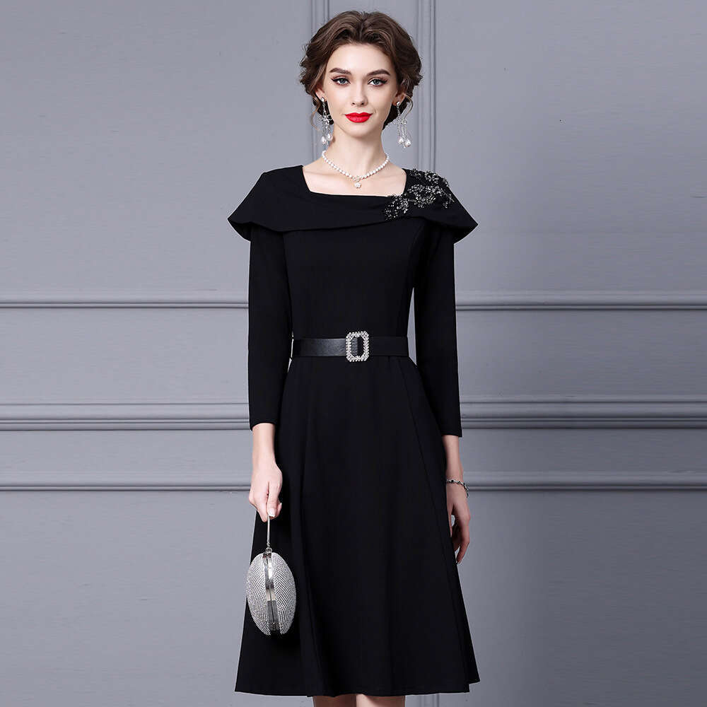 long sleeved dress for women in autumn 2024 new square neck cape nail drill mid length pear shaped figure A-line skirt
