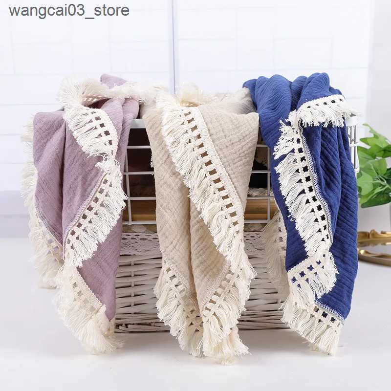 Blankets Swaddling Cotton Muslin Swaddle Blankets for Newborn Baby Tassel Receiving Blanket Solid Swaddle Wrap Infant Soft Sleeping Quilt Bed Cover L2