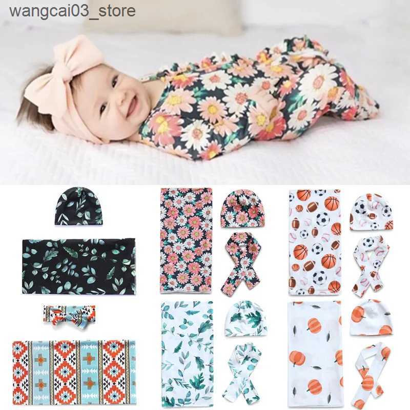 Blankets Swaddling Newborn Swaddle Wrap Headband Hat Set Baby Cotton Receiving Blanket Baby Girls Floral Blanket Hair Band Sleeping Wrap Shower Gif L2
