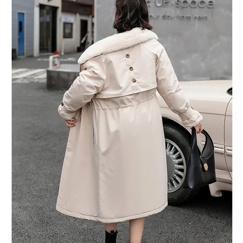 Thick Lamb Wool Down Jacket Women Winter Fur Collar Long Parka Coat Korean Fashion Warm Cotton Outwear Female Slim Trench 241008