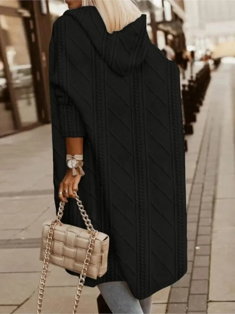 Autumn Winter Women Long Hooded Jacket Fashion Sleeve Sweater Cardigan Loose Jacquard Knited Casual Coat 241011