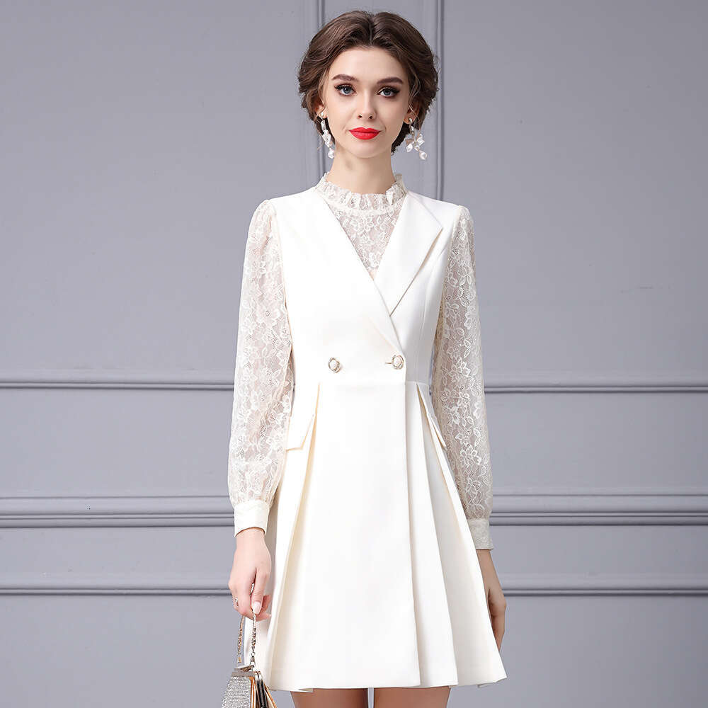 French luxury lace patchwork semi high neck long sleeved suit dress fake two-piece 2024 new autumn collection