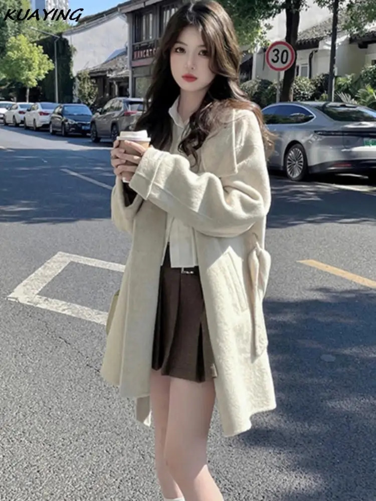 Autumn Winter Double Breasted Woolen Coat Female Casual Stand Collar Warm Outerwear Wearcoats Loose Commuting Wool Jacket 240930