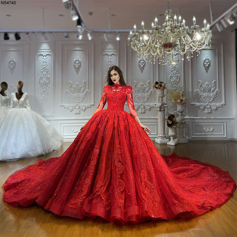 Amanda Novias Red Lace Beads Long Train Wedding Dress