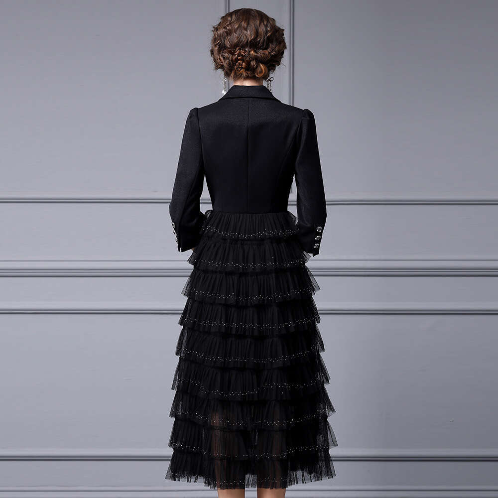high-end exquisite temperament suit dress with mesh splicing and sparkling diamond fake two-piece cake skirt Autumn 2024 new item