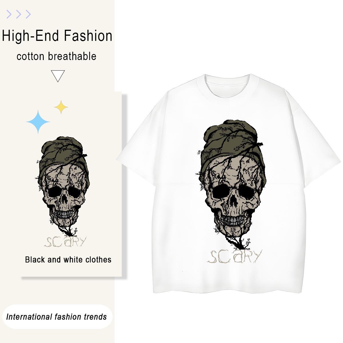 Casual New Women T Shirts 230g Pure Cotton Short Sleeve O-Neck Home Outdoor skull Lady T shirt Soft White Plus Size Tops Shirt