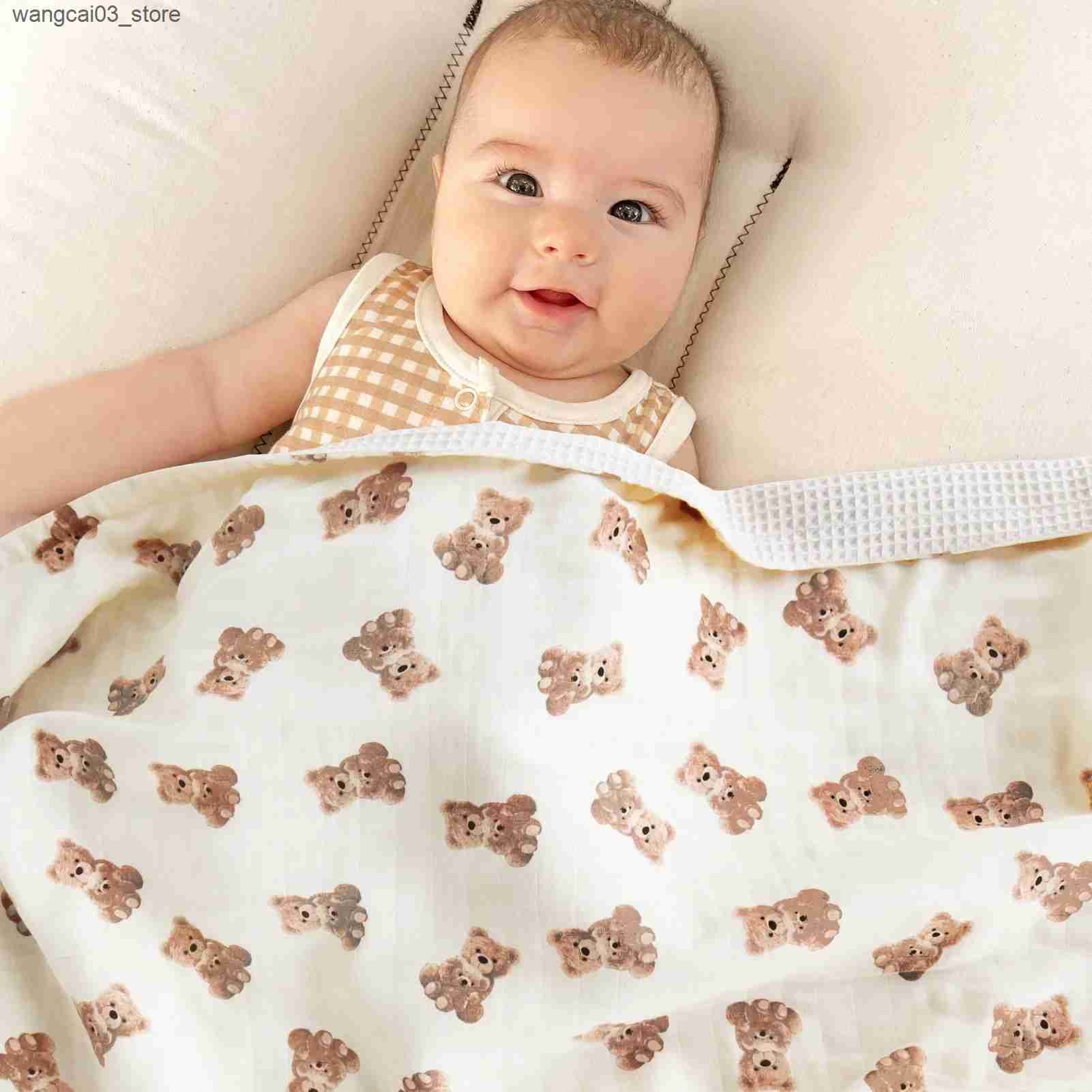 Blankets Swaddling 70% Bamboo 30% Cotton Muslin Cotton Waffle Printed Swaddle Wrap Blanket Baby Blanket Newborn Super Soft Bedding Cover L240910