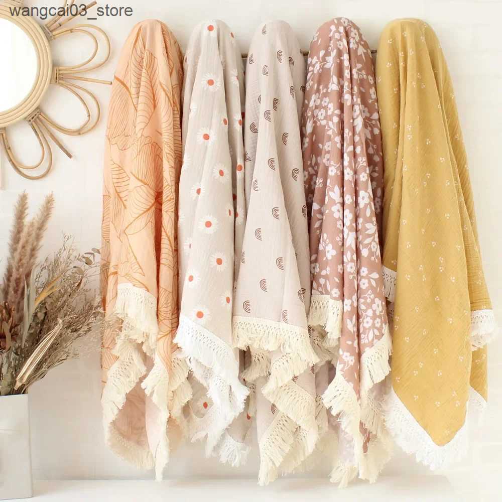 Blankets Swaddling Crinkle Muslin Baby Swaddle Blanket Print Cotton Fringe Swaddle Bath Towel Baby Wrap with Tassel Trim L240910